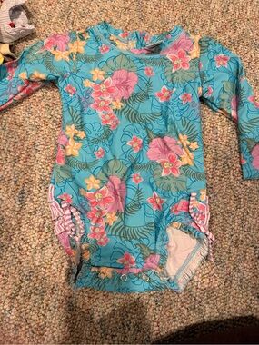 Ruffle Butts Turquoise Floral Long-Sleeve One-Piece Swimsuit